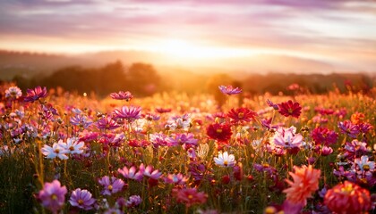 Naklejka premium field of flowers in sunset light outdoor