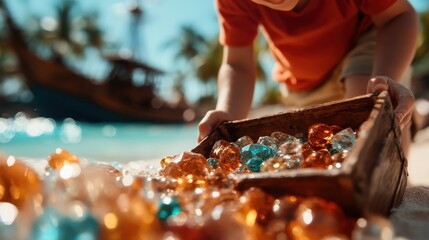A child eagerly explores a sandy shoreline, revealing glimmering colorful gems that inspire feelings of discovery, joy, and the simple pleasures of childhood's adventurous spirit.
