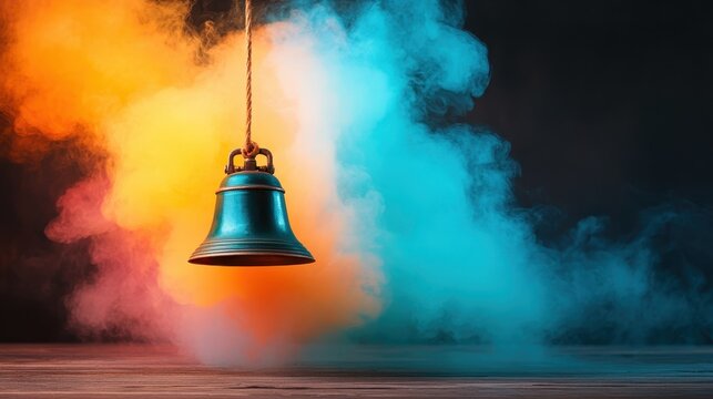 An old bell hangs amidst vibrant colored smoke, creating a dynamic contrast that symbolizes transition and time, blending classic elements with modern artistic explorations.