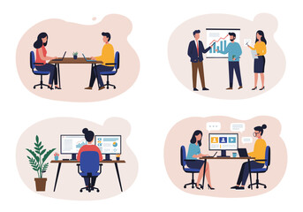 An illustration depicts various office scenarios with diverse individuals. The first scene shows a woman and a man at a table with a laptop, possibly in a one-on-one meeting