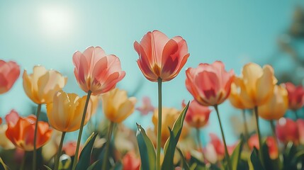Vibrant Spring Tulips in a Sunny Field Pastel Colors Blooming Flowers