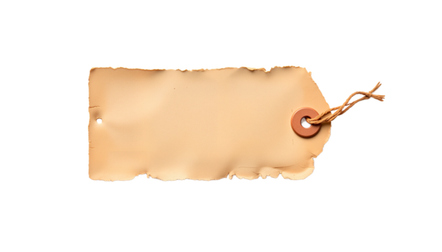 Blank leather tag with string on isolated white background  
