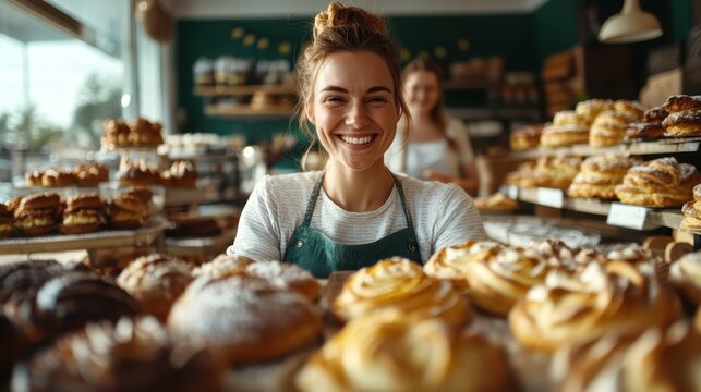 A joyful baker showcases her freshly baked pastries in a charming bakery, embodying warmth and passion for baking while inviting customers to indulge in delightful treats.