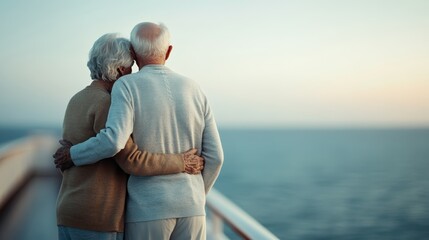 An elderly couple stands together, gazing at the serene horizon over the water, reflecting on memories and the beauty of companionship in a calm and peaceful atmosphere.