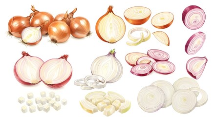 Fototapeta premium Onions set pack isolated on white watercolor illustration