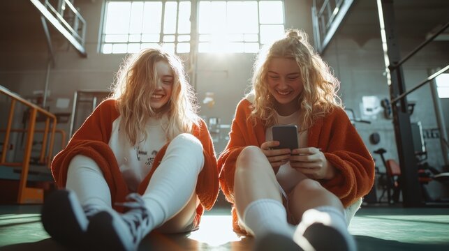 Two happy friends sit together on a gym floor, laughing and enjoying each other’s company, while the sunlight streams through the windows illuminating their joy.