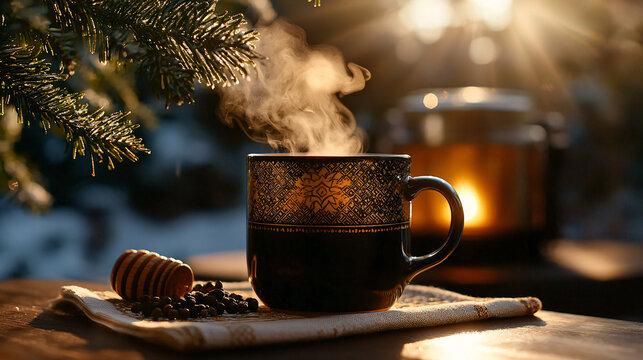 Traditional Russian sbiten in ceramic mug with spices and samovar in winter scene
