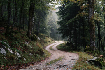 Fototapeta premium Winding dirt path through a misty dense forest with tall trees and mossy rocks