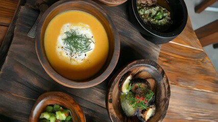 Delectable Dishes: A beautifully composed image featuring various culinary creations served in rustic wooden bowls. The array of appetizing dishes invites the viewer to savor a gastronomic adventure.