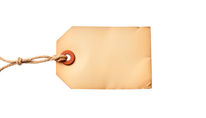 Blank kraft paper tag with twine for labeling on white background  