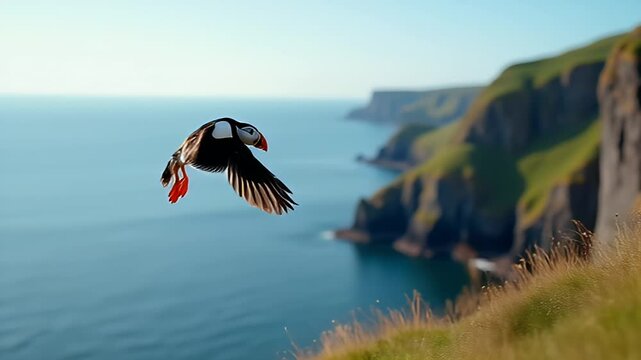  Avian Marine Species: Atlantic Puffin in Flight Over Scottish Isle Waters