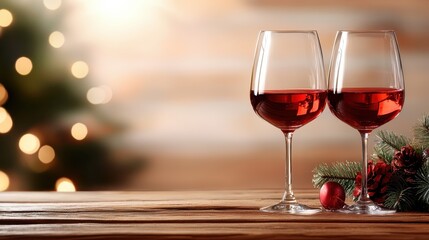 Two beautifully crafted red wine glasses filled with rich wine, creating an inviting atmosphere perfect for holiday celebrations and cozy gatherings with friends and family.