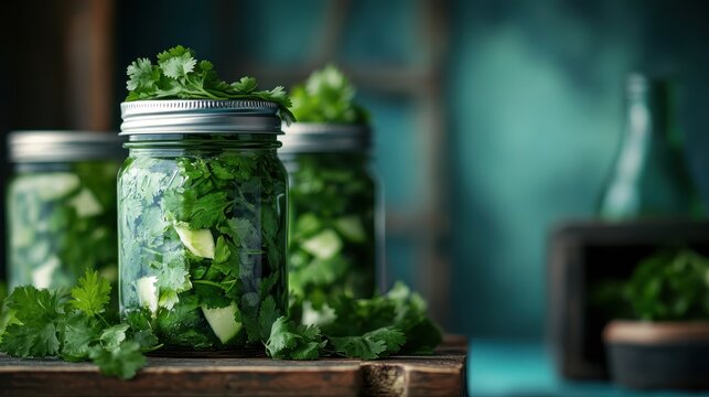 Three mason jars filled with vibrant herbs, signaling freshness and flavor, showcasing the beauty of cooking with nature's bounty for culinary enthusiasts and home chefs.