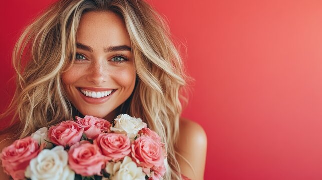 A joyful woman holds a bouquet of roses while smiling, standing before a vibrant pink backdrop, exuding happiness and warmth, perfect for a cheerful greeting card.