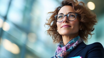 A thoughtful businesswoman gazes into the distance in a modern office environment, conveying confidence and ambition while reflecting on goals and the future.