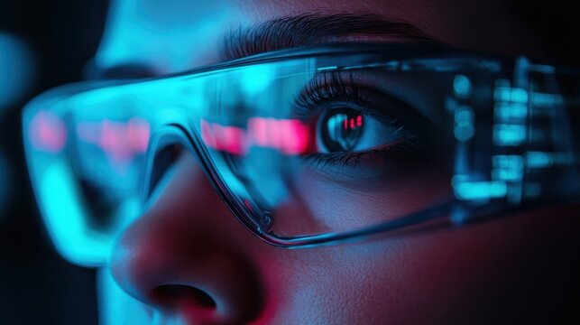 A close-up of a person's eye wearing trendy, futuristic glasses, reflecting vibrant neon lights, showcasing the fusion of technology and human vision in a modern world.