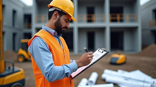 Construction Official Completing an Inspection Form on a Clipboard Adjacent to a Newly Constructed Building