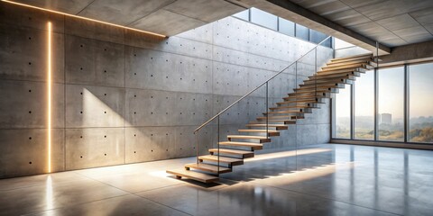 Fototapeta premium Modern interior design featuring a floating wooden staircase with glass railings against a textured concrete wall and large windows