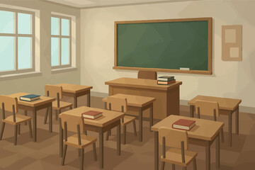 Low poly vector school classroom with desks chalkboard books and windows simple layout