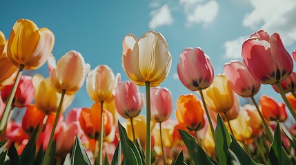 Vibrant Spring Tulips Blooming Under Sunny Sky Colorful Flower Field Close Up View