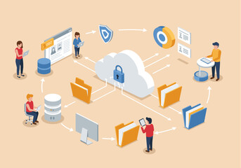 Fototapeta premium flat vector of of cloud computing, data security, and file sharing featuring people interacting with computers, clouds, and folders, symbolizing secure online data storage and access