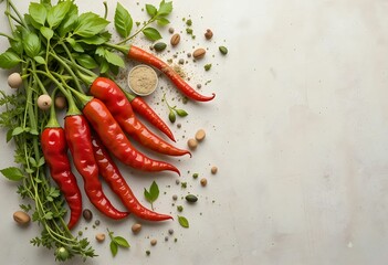 Chili peppers and fresh herbs on neutral background, food styling composition.