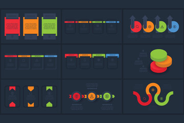 Set creative concept for infographic with 3, 4, 6 steps, template for web on a black background.