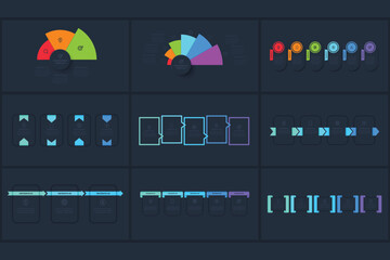Set creative concept for infographic with 3, 4, 5, 6 steps, template for web on a black background.