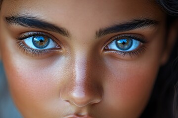 Fototapeta premium Close-up portrait of a young woman with striking blue eyes and warm, sunlit skin tone.