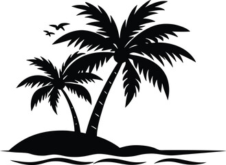 Sea Beach and Palm Tree Silhouette Scene Illustration and Vector File 
