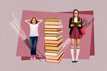 Creative pop poster sketch art collage of happy teacher woman small pupil schoolgirl do homework...