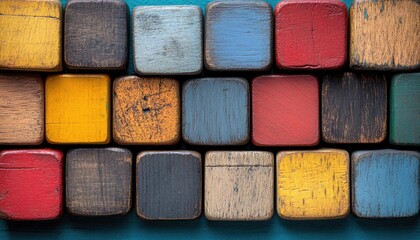 Fototapeta premium Colorful, weathered wooden blocks are arranged neatly together. Use as a vibrant background, graphic element, or creative backdrop.
