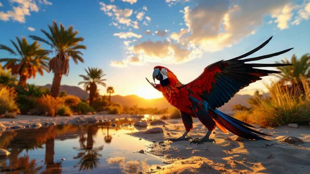 Majestic parrot in flight over tranquil waters with beach and lush tropical backgrounds