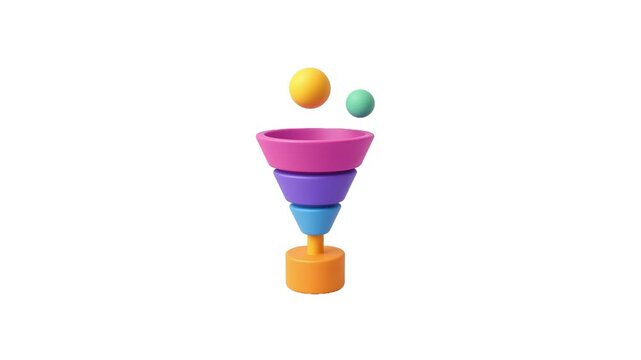 3D Multicolored sales funnel flowing, representing lead conversion process on clean white surface. An animated 3D sales funnel, symbolizing digital marketing analytics, performance metrics