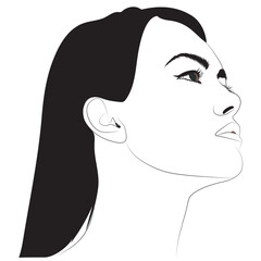 A minimalist digital illustration depicts a woman's profile, looking upwards. Her dark hair flows down, contrasting with the stark white background. Emphasizing elegance, the artwork focuses on her de