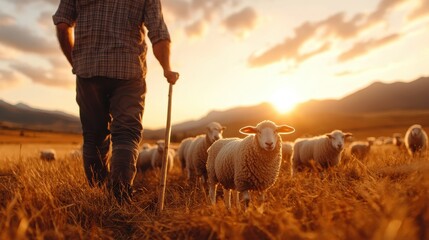 A serene image of a shepherd walking through golden fields with grazing sheep as the sun sets, symbolizing tranquility and the beauty of rural life.