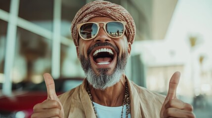 A joyful man with a beard and sunglasses expresses enthusiasm and positivity with thumbs up; his stylish appearance and vibrant vibe spread happiness wherever he goes.