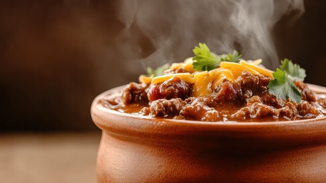 A rustic bowl of steaming chili rich in flavor, topped with cheese and cilantro, presenting a warm, inviting meal perfect for gatherings and comfort food enthusiasts.