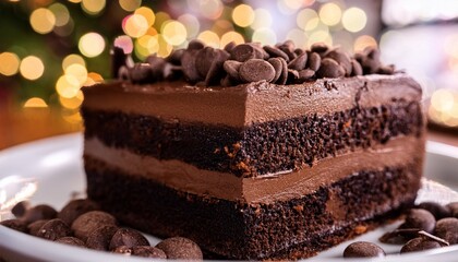 close up decadent chocolate cake blurred background chocolate chips cake chips