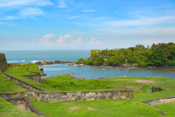 Galle Fortress on the island of Sri Lanka. Indian Ocean and blue sky.