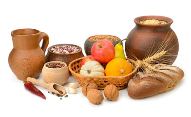 Collection of healthy and tasty products: vegetables, fruits, bread, rice and others isolated on white