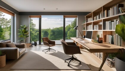 stylish home office or library with custom built in bookshelves comfortable seating and inspiring views for a tranquil workspace