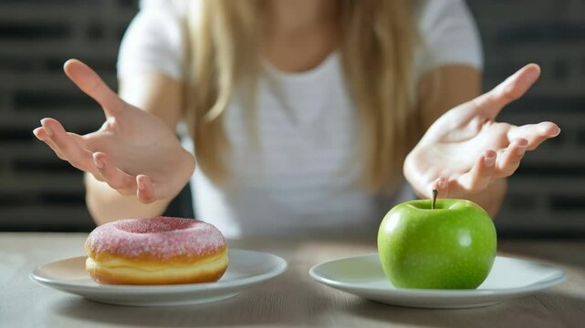 Choosing between a donut and an apple for a healthy snack