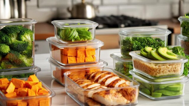 Freshly prepared healthy meals organized in clear food storage containers ready for busy weeknights and meal prep success