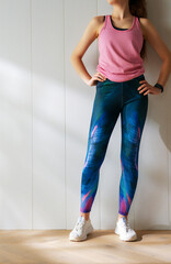 Woman in fashionable sportswear is doing exercise.