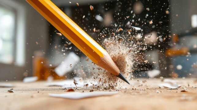 A sharp pencil drives into a surface, creating a burst of wood shavings and dust. This dynamic image captures the essence of creativity and the power of artistic expression.