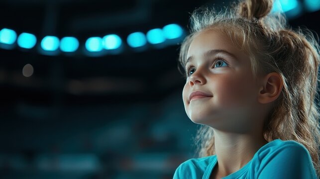 A young girl with a beautiful smile gazes upward, capturing the essence of innocence and curiosity in a captivating moment filled with wonder and possibility.