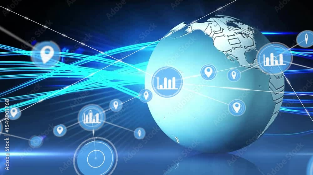 Poster neon streams converging toward globe causing icons materializing and clustering showing data flow