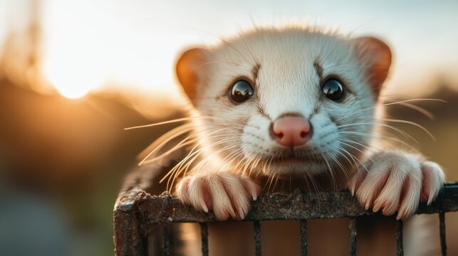 A close-up of a cute ferret peering through the bars of its cage, showcasing its expressive eyes and soft fur against a beautiful sunset background. - Powered by Adobe