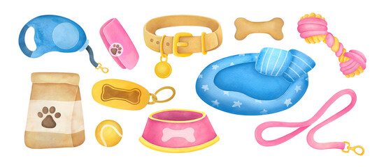 dogs accessories set. pet shop items collection of leash, tape measure, collar, bowl, toys, couch, bag of food. pets care items and toys set. Different supplies for puppies, domestic animals
